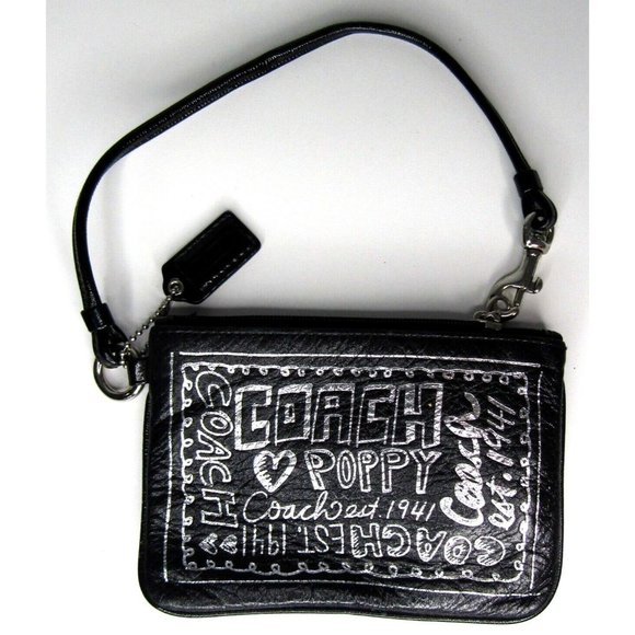 Vintage Coach Poppy Black And Silver Wristlet Purse 6" - Picture 2 of 12